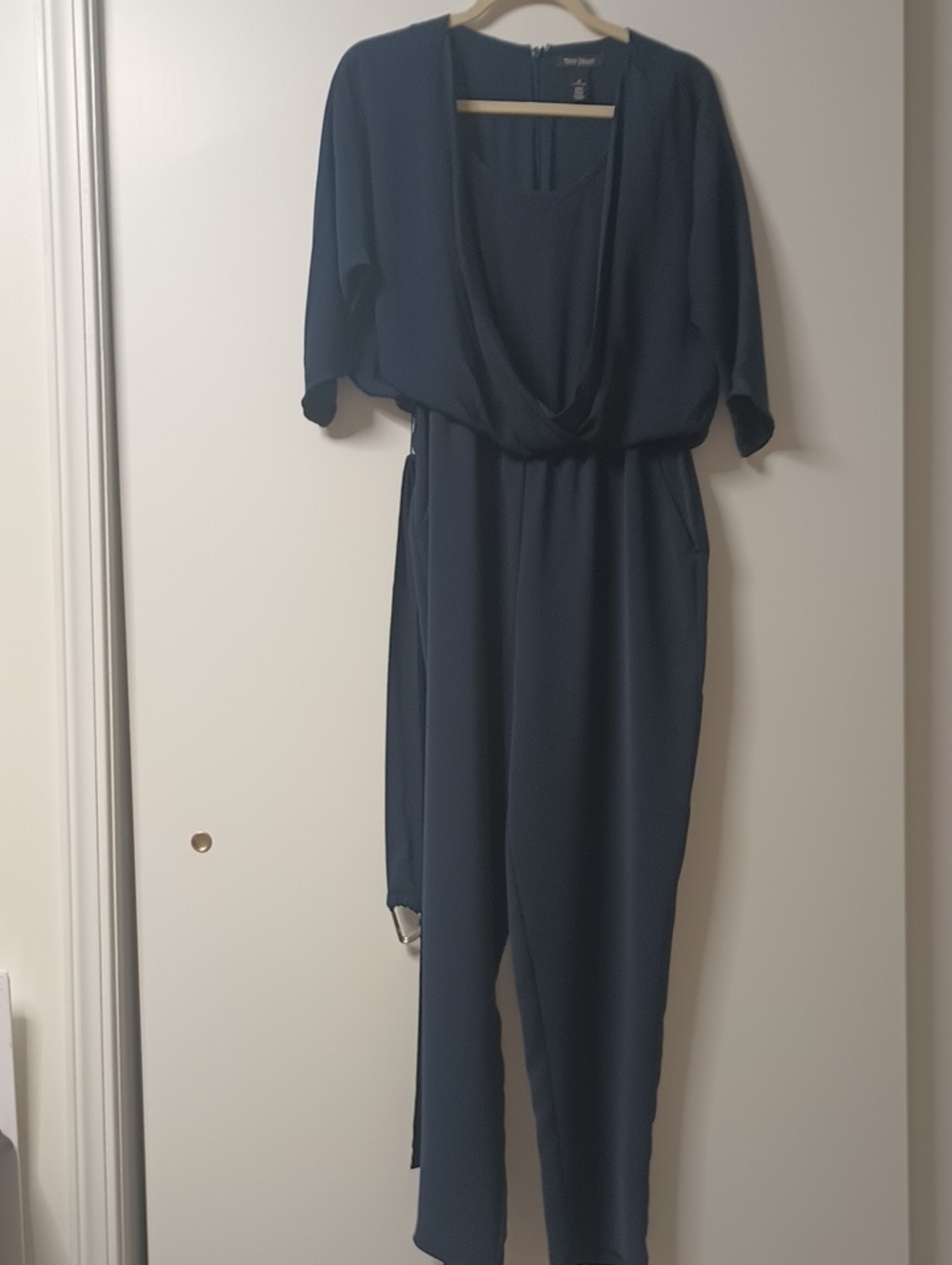 White House Black Market Navy Draped-Waist Jumpsuit with Pockets